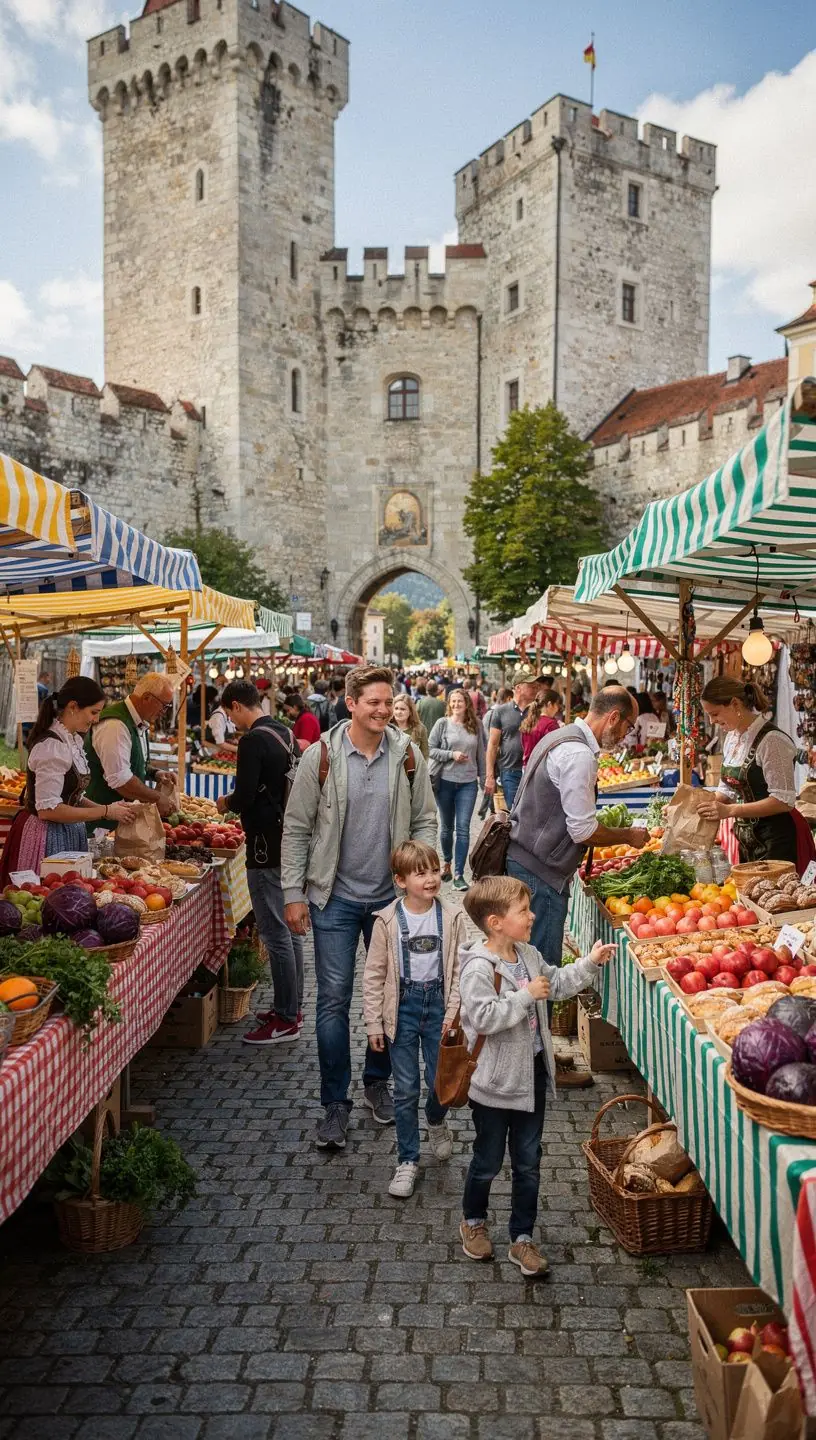 Panoramablick auf die umliegende Landschaft von der Burgmauer aus.