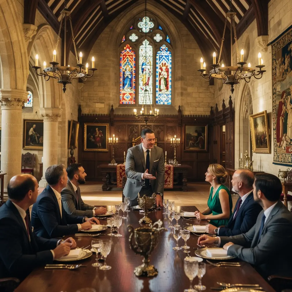 Futuristische Küche im historischen Schloss mit hochwertigen Geräten.